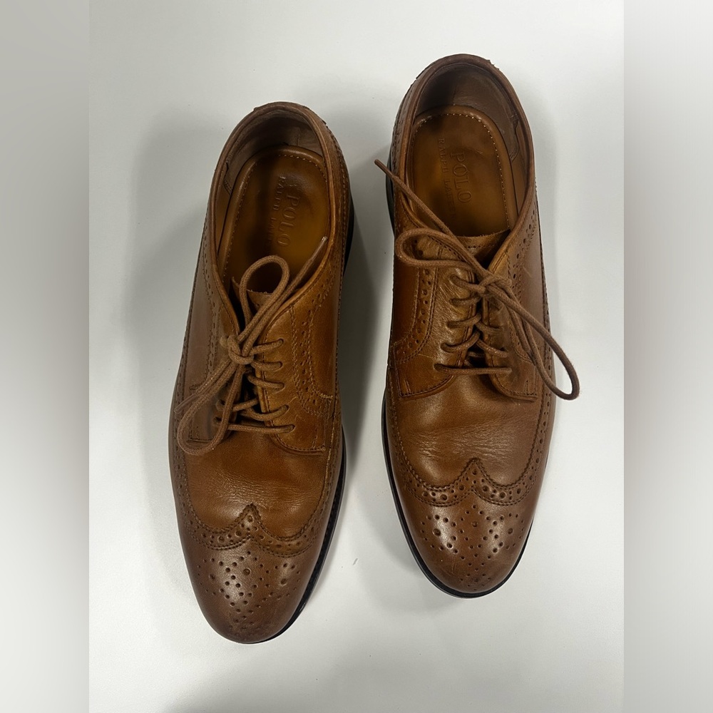 POLO RALPH LAUREN MENS MOSELY LEATHER WINGTIP,  TAN, SIZE 10.5D